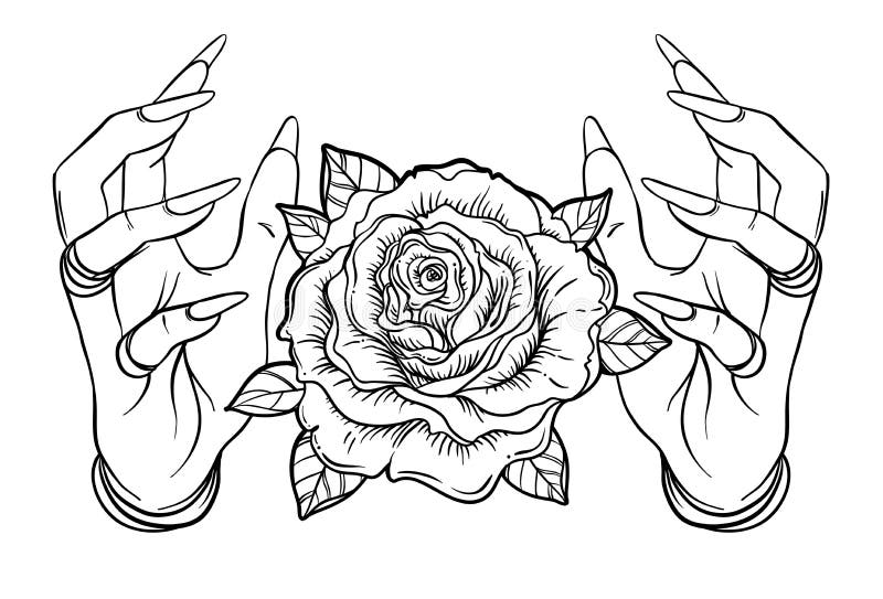 Винтажная астрономия: человеческие руки с татуировкой Blackwork Розовое flowe иллюстрация штока Винтажная астрономия: человеческие руки с татуировкой Blackwork Розовое flowe иллюстрация штока