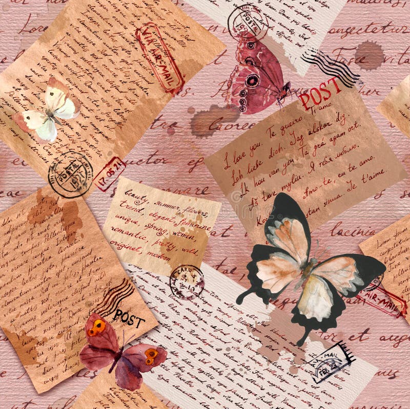 Vintage aged paper with hand written notes, butterflies and postal stamps. Repeating pattern. Vintage aged paper with hand written notes, butterflies and postal stamps. Repeating pattern