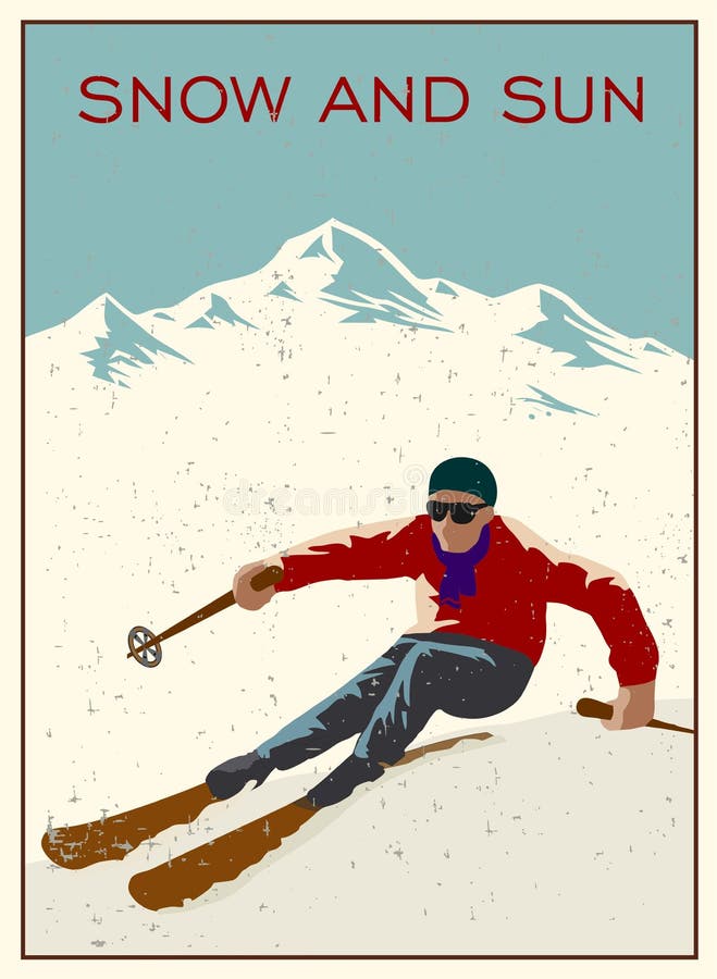 Vintage vector illustration. Skier getting ready to descend the mountain. Winter background. Grunge effect it can be removed. Vintage vector illustration. Skier getting ready to descend the mountain. Winter background. Grunge effect it can be removed.