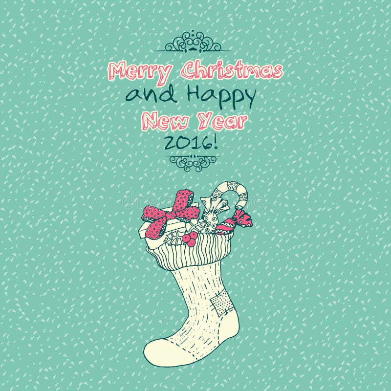 Винтажная с Рождеством Христовым карточка doodles с носком xmas иллюстрация штока Винтажная с Рождеством Христовым карточка doodles с носком xmas иллюстрация штока
