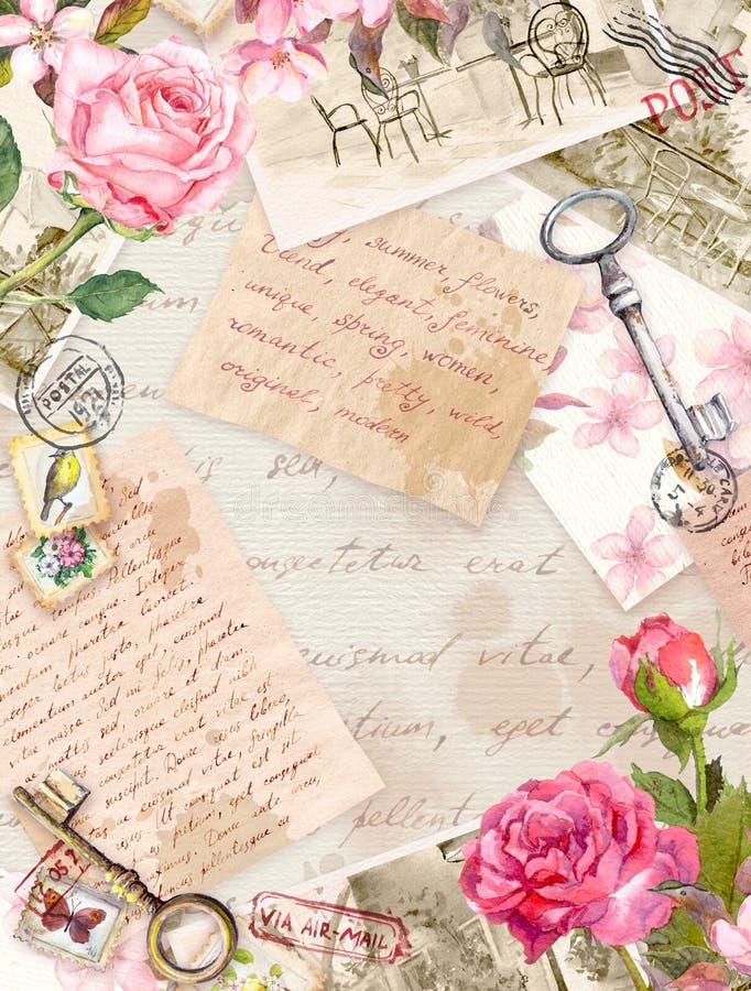 Vintage old paper with hand written letters, photos, stamps, keys and watercolor rose flowers. Card or blank design. Vintage old paper with hand written letters, photos, stamps, keys and watercolor rose flowers. Card or blank design