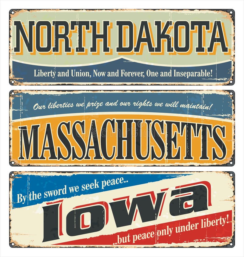 Винтажное собрание знака с штатом США North Dakota massachusetts Айова Ретро сувениры или шаблоны открытки на backgroun ржавчины иллюстрация вектора Винтажное собрание знака с штатом США North Dakota massachusetts Айова Ретро сувениры или шаблоны открытки на backgroun ржавчины иллюстрация вектора