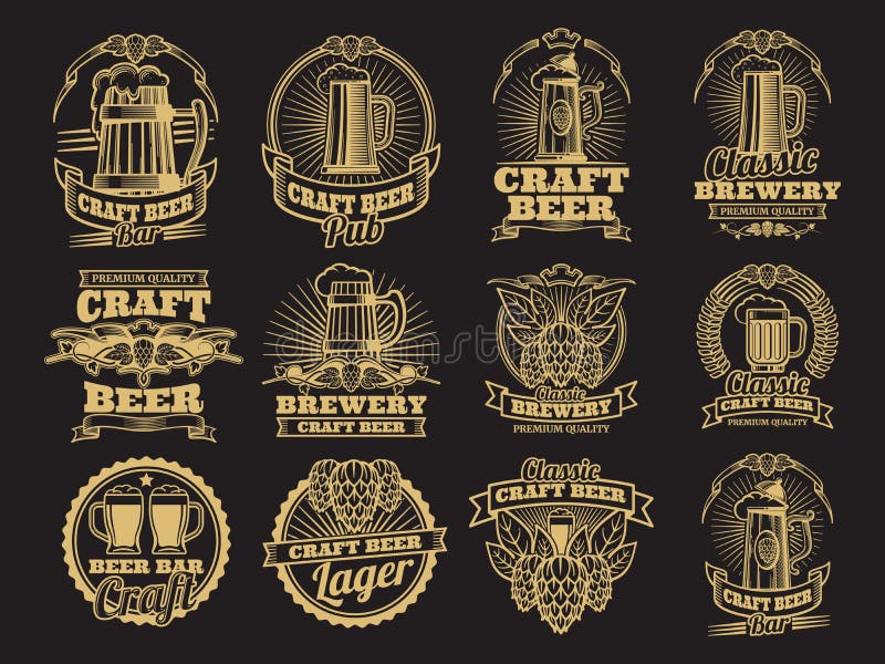 Vintage vector beer labels on black background. Beer label brewery, alcohol drink beverage illustration. Vintage vector beer labels on black background. Beer label brewery, alcohol drink beverage illustration