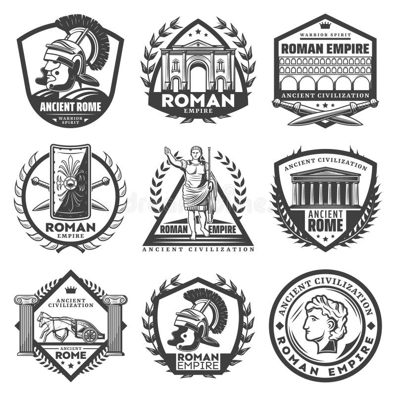 Vintage monochrome roman empire labels set with Caesar ancient buildings gladiator helmet sword shield chariot columns laurel wreathes isolated vector illustration. Vintage monochrome roman empire labels set with Caesar ancient buildings gladiator helmet sword shield chariot columns laurel wreathes isolated vector illustration