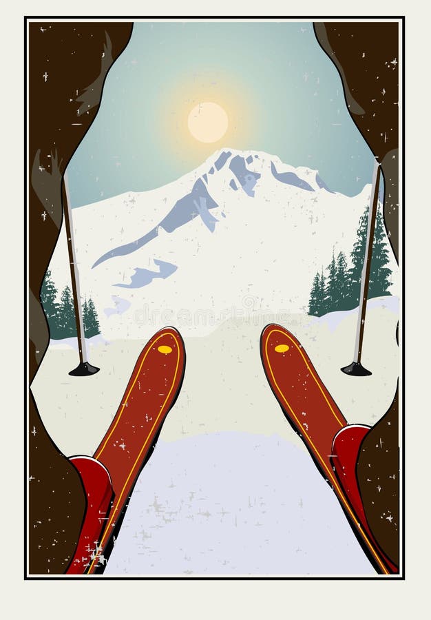 Vintage vector illustration. Skier getting ready to descend the mountain. Winter background. Grunge effect it can be removed. Vintage vector illustration. Skier getting ready to descend the mountain. Winter background. Grunge effect it can be removed.
