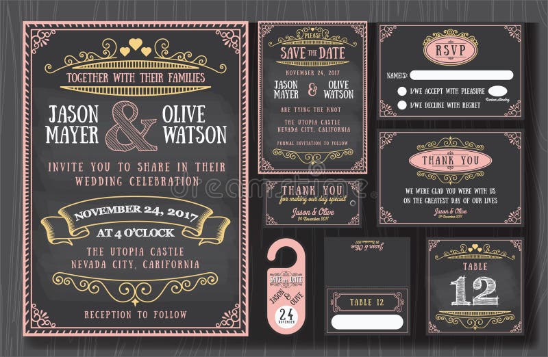 Vintage wedding invitation chalkboard design sets include Invitation card, Save the date, RSVP card, Thank you card, Table number, Gift tags, Place cards, Respond card, Save the date door hanger. Vintage wedding invitation chalkboard design sets include Invitation card, Save the date, RSVP card, Thank you card, Table number, Gift tags, Place cards, Respond card, Save the date door hanger