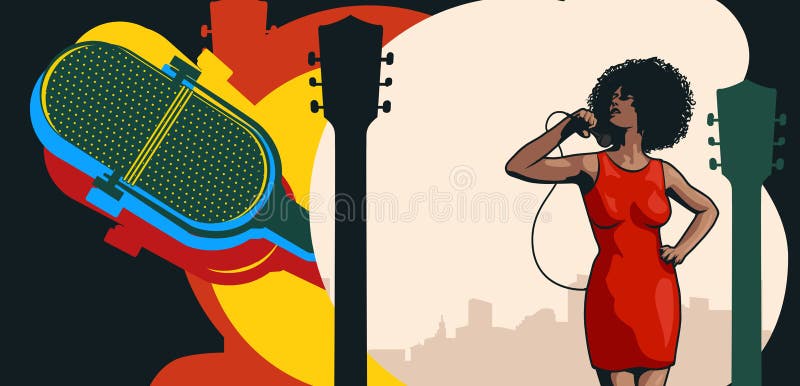 Винтажный плакат с ретро певицей женщины Красное платье на женщине ...