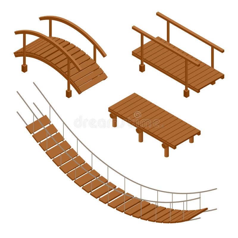 Hanging wooden bridge, wooden and hanging bridge vector illustrations. Flat 3d isometric set. Hanging wooden bridge, wooden and hanging bridge vector illustrations. Flat 3d isometric set