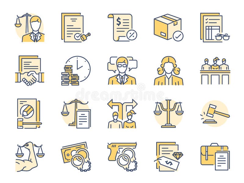 Vector and illustration: Legal services filled color line icon set. Included icons as law, lawyer, judge, court, advocacy and more. Vector and illustration: Legal services filled color line icon set. Included icons as law, lawyer, judge, court, advocacy and more.