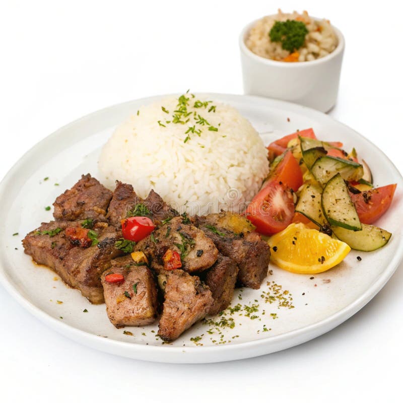 Вкусно приготовленные мясные тарелки с рисом изолированы на белом фоне иллюстрация вектора