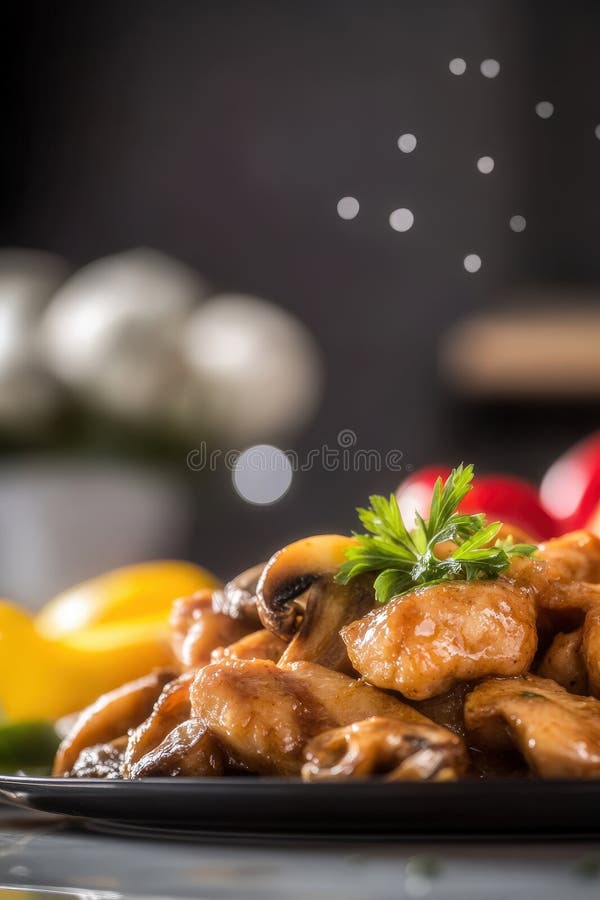 вкусное и ароматное блюдо из курицы, украшенное свежими травами, окруженное разноцветными овощами и мягким фокусным фоном иллюстрация штока