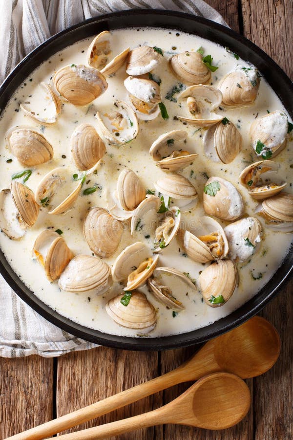 Вкусные clams в сметанообразном соусе с чесноком и концом-вверх зеленых цветов дальше стоковое изображение rf Вкусные clams в сметанообразном соусе с чесноком и концом-вверх зеленых цветов дальше стоковое изображение rf