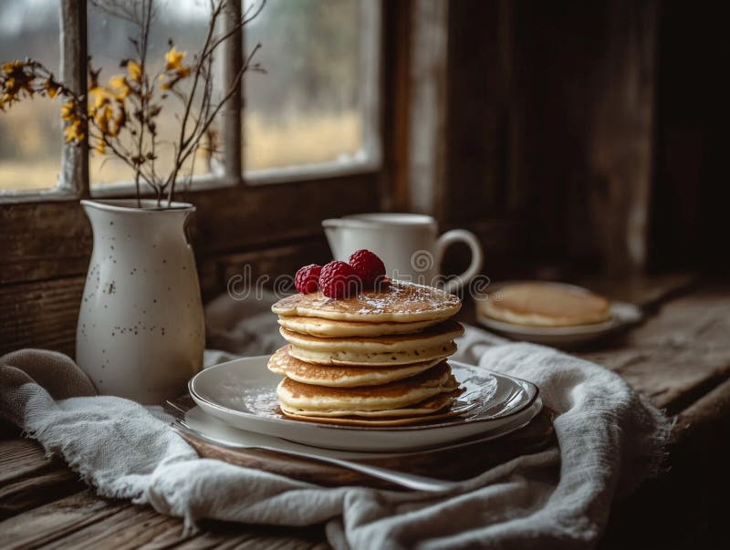 Вкусные блины стек с Raspberries Rustic Завтрак Уютное окно стоковые фотографии rf