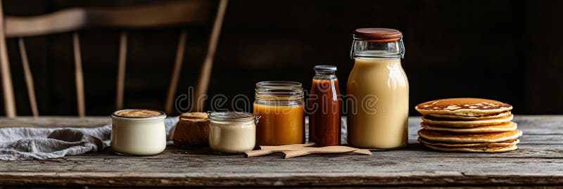 Вкусные блины Топинги Сироп Мёд Кремовый Сельский стоковое фото rf