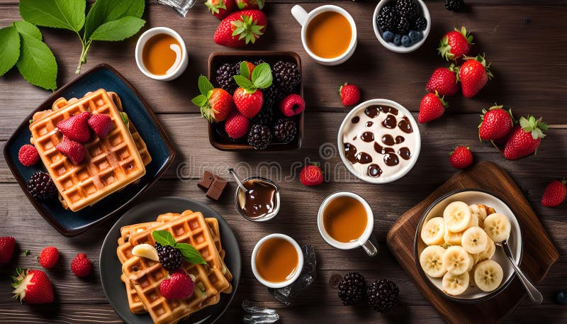 Вкусные вафли с бананами клубники и шоколадом бесплатная иллюстрация