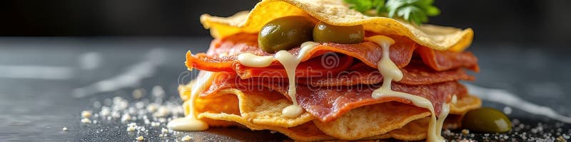 Вкусные изысканные начос с оливками салями и сыром стоковое фото