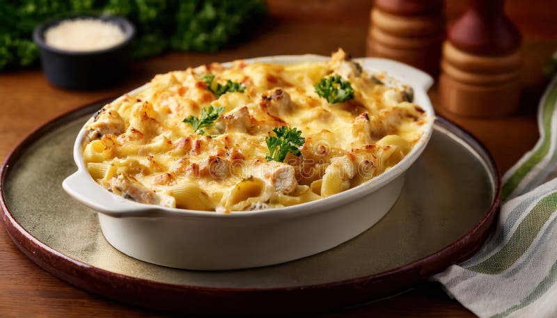 Вкусные куриные альфредо запеканки с жёстким золотистым топпингом подаются в естественном свете стоковые изображения rf