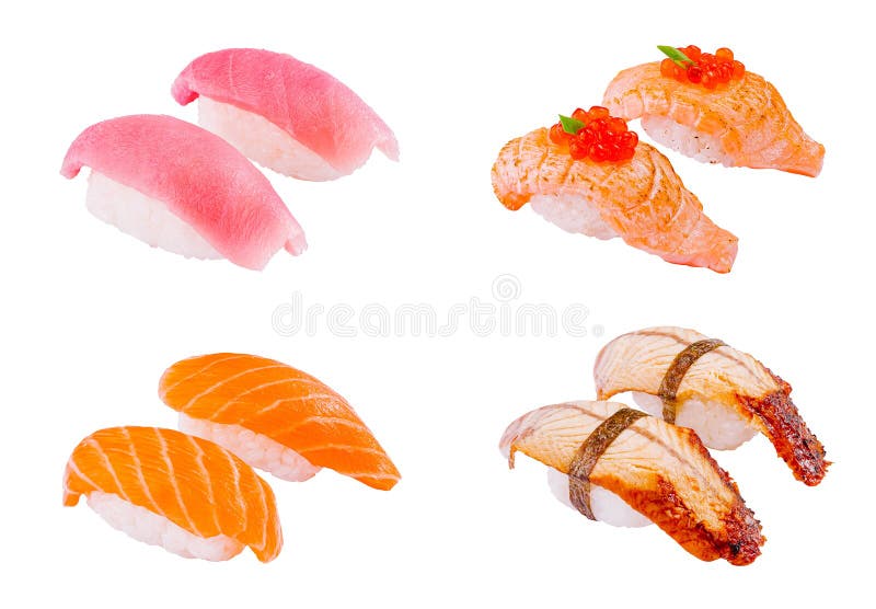 вкусные кусочки суши, плавающие на белом фоне стоковое изображение rf