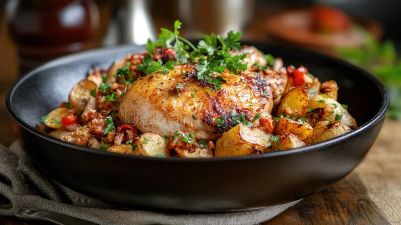 Вкусный жареный цыпленок с травами и овощами в черной миске иллюстрация вектора