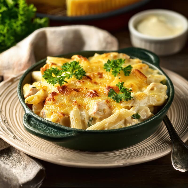 Вкусный куриный альфредо запеканка подаётся в зеленом блюде с сытной золотистой корочкой и естественным освещением стоковое фото