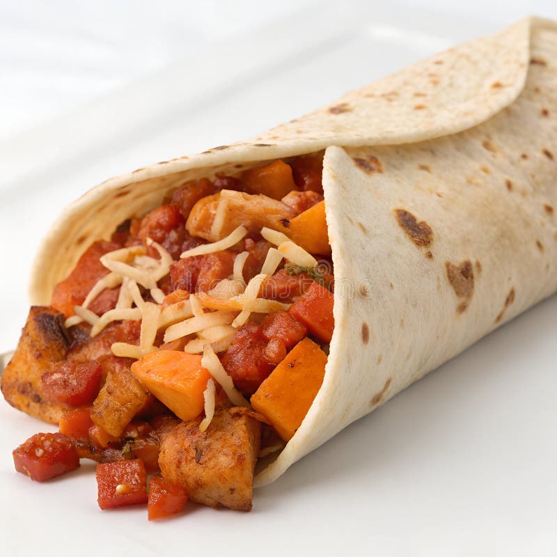 Вкусный курица и сладкий картофель буррито с ароматным соусом иллюстрация штока