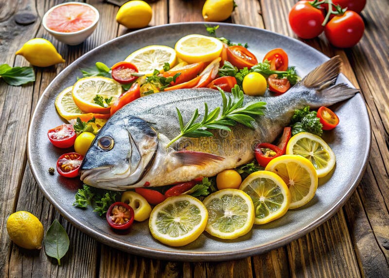 Вкусный печеная рыба дорадо с яркими летними овощами Вкусный и здоровый ужин рецепт с русской иллюстрация штока