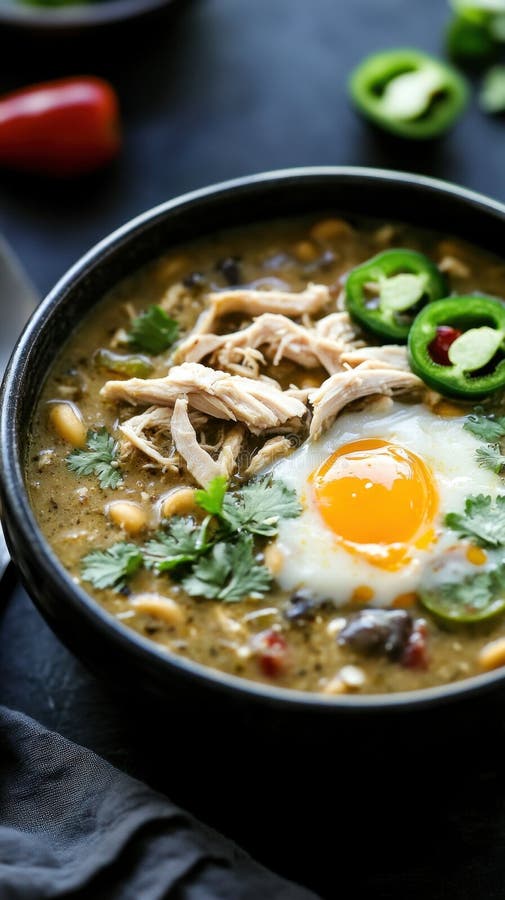 Вкусный суп из куриного чили верде с яйцом и халапеньо в черной миске иллюстрация штока