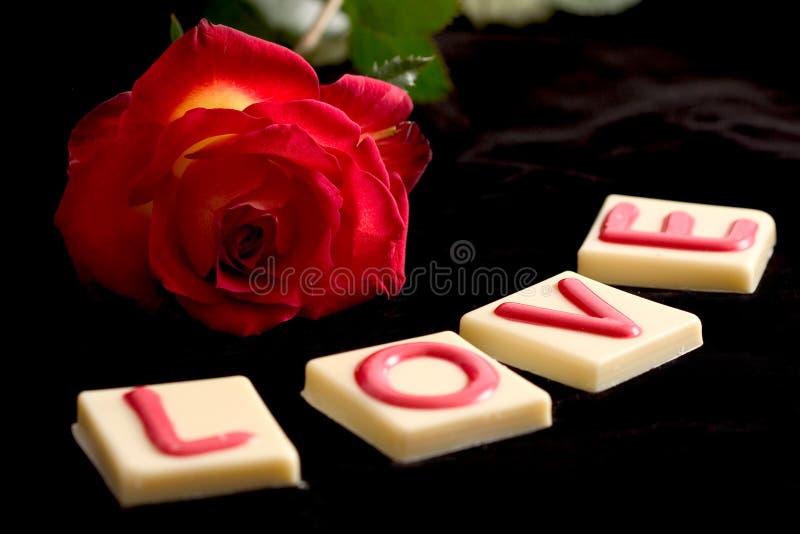 Rose on black background with in front the letters love in white chocolat (focus on rose). Rose on black background with in front the letters love in white chocolat (focus on rose)