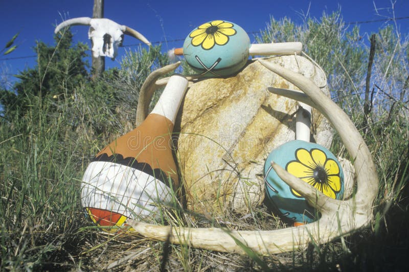 Outdoor display of colorful Hopi instruments in Taos, NM. Outdoor display of colorful Hopi instruments in Taos, NM