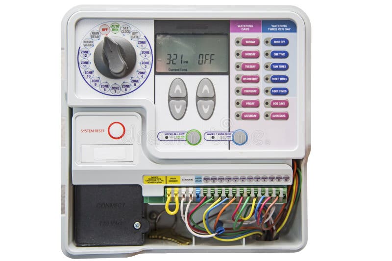 The automatic lawn controller and grass sprinkler system irrigation water system control shows watering days and times isolated white. Grass lawn urban is home landscaping project. The automatic lawn controller and grass sprinkler system irrigation water system control shows watering days and times isolated white. Grass lawn urban is home landscaping project.