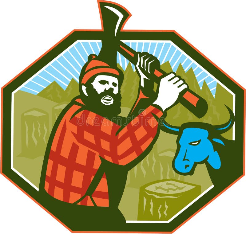 Вол сини оси LumberJack Paul Bunyan иллюстрация штока Вол сини оси LumberJack Paul Bunyan иллюстрация штока