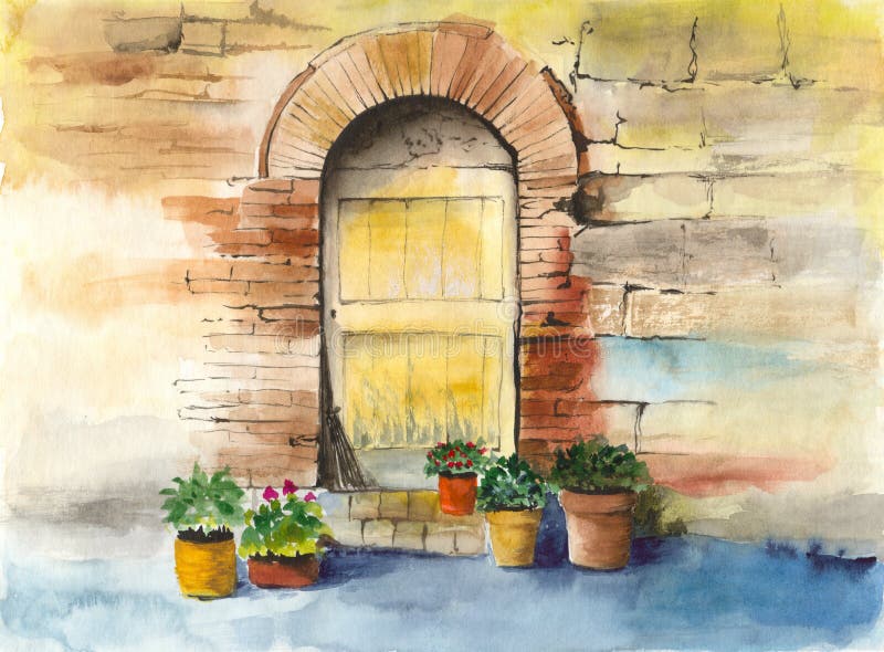 Watercolor picture of an old vintage door, brick wall and some colorful home plants in clay pots. Watercolor picture of an old vintage door, brick wall and some colorful home plants in clay pots