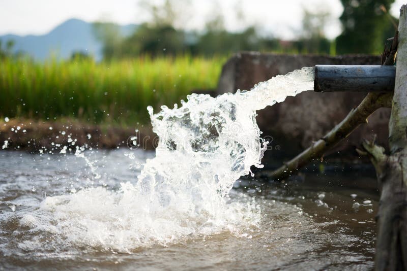 Irrigation water flow from pipe to canal for rice fields and agriculture. Irrigation water flow from pipe to canal for rice fields and agriculture