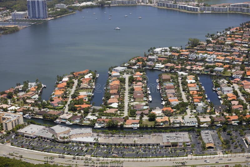 Aerial photo of Sunny Isles Beach FL shopping centers and waterfront homes. Aerial photo of Sunny Isles Beach FL shopping centers and waterfront homes