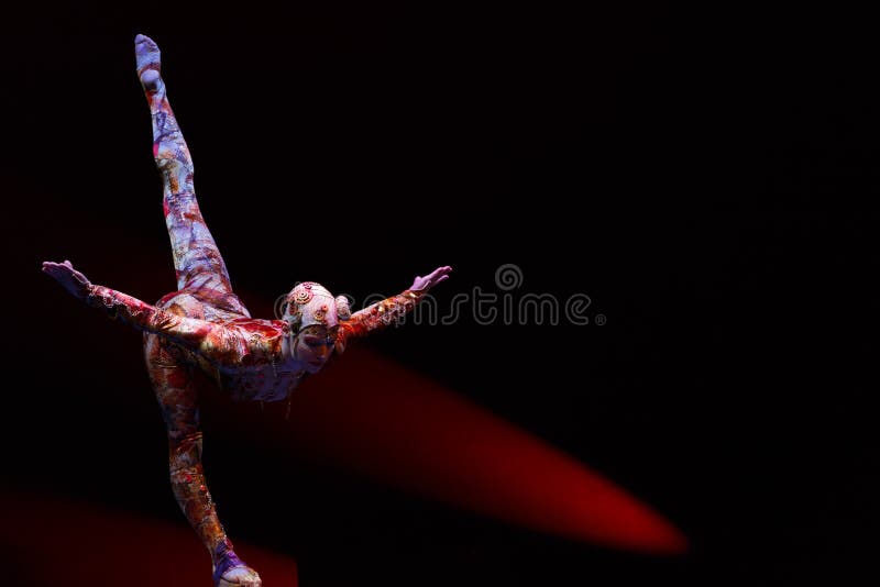 Malaga, Spain - March 15 2019:Malaga Film Festival FMCE Festival del cine de MÃ¡laga Cirque du Soleil actuation in Cervantes theater on a bar. Malaga, Spain - March 15 2019:Malaga Film Festival FMCE Festival del cine de MÃ¡laga Cirque du Soleil actuation in Cervantes theater on a bar