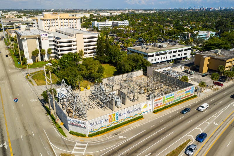 Aerial video North Miami Beach welcome sign power plant USA. Aerial video North Miami Beach welcome sign power plant USA