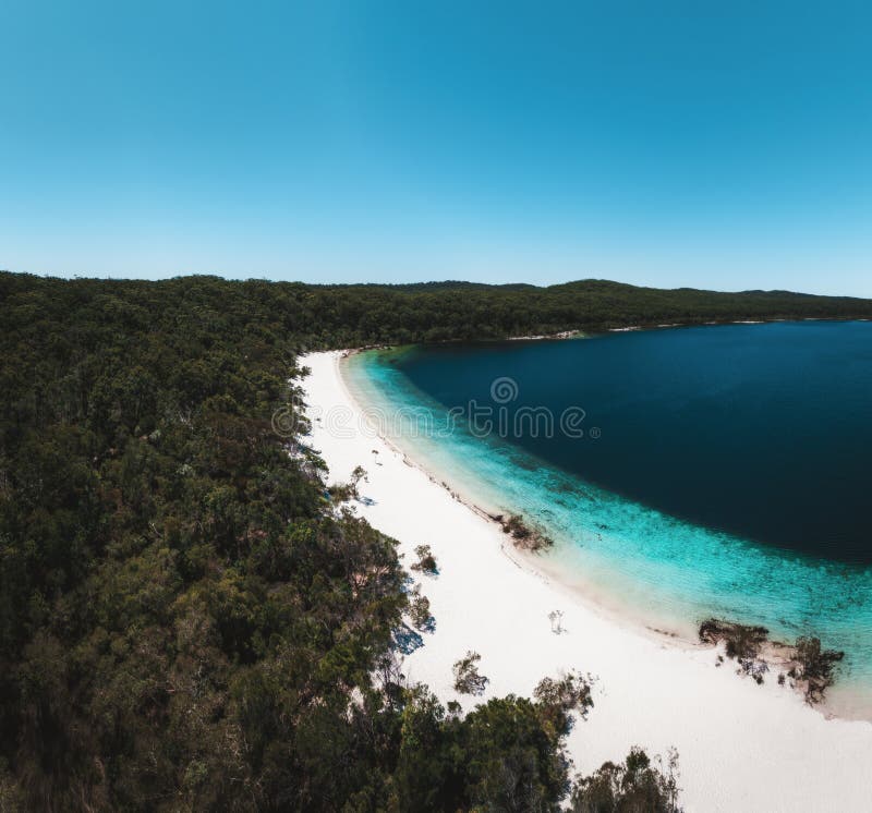 Aerial Drone shot Lake McKenzie, K&#x27;gari Fraser Island, Queensland, Australia. Aerial Drone shot Lake McKenzie, K&#x27;gari Fraser Island, Queensland, Australia