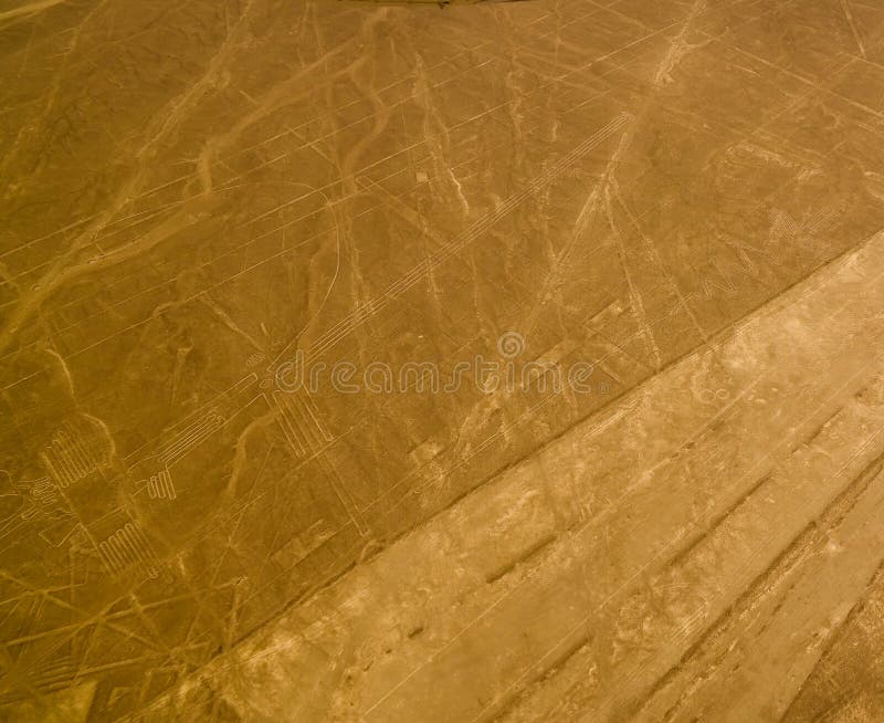 Воздушный панорамный вид самолета к линиям aka птице geoglyph Nazca фрегата и цапле или фламинго, Ica, Перу стоковые фотографии rf Воздушный панорамный вид самолета к линиям aka птице geoglyph Nazca фрегата и цапле или фламинго, Ica, Перу стоковые фотографии rf