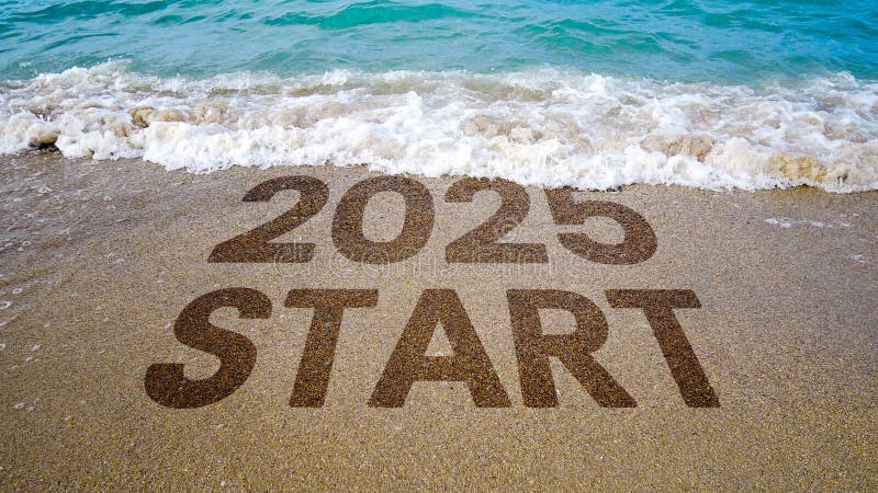 The waves erase 2024 to 2025 written in the sand by the beach. 2025. The waves erase 2024 to 2025 written in the sand by the beach. 2025.