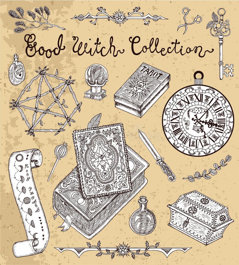 Волшебные объекты на хеллоуин - пентаграмма, злая книга, карточки tarot иллюстрация вектора Волшебные объекты на хеллоуин - пентаграмма, злая книга, карточки tarot иллюстрация вектора
