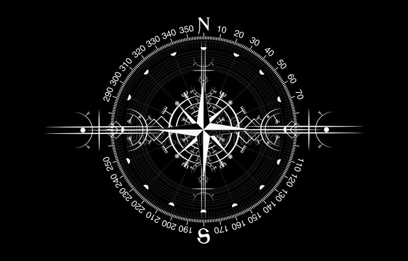 Magic ancient viking art deco, wind rose magic navigation compass ancient. The Vikings Compass navigation dial, widely used in Viking society. Logo icon Wiccan esoteric sign, vector isolated on black background. Magic ancient viking art deco, wind rose magic navigation compass ancient. The Vikings Compass navigation dial, widely used in Viking society. Logo icon Wiccan esoteric sign, vector isolated on black background