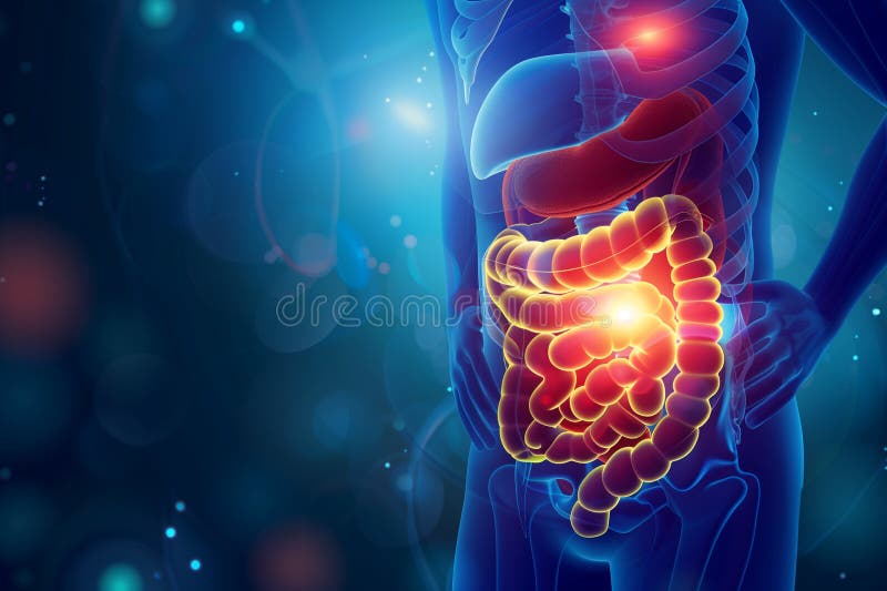 A digital rendering highlights inflammation in the intestines, identifying a common gastrointestinal issue. AI generated. A digital rendering highlights inflammation in the intestines, identifying a common gastrointestinal issue. AI generated