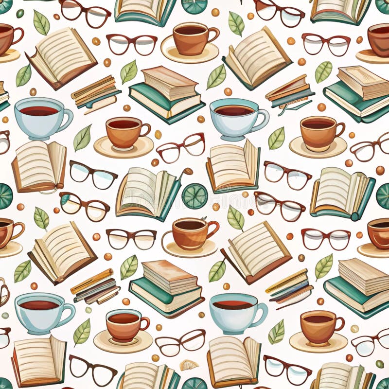 Восхитительный узор из книг чашки чайных стаканов и листьев. Уютный и привлекательный дизайн идеально подходит для любителей книг иллюстрация вектора