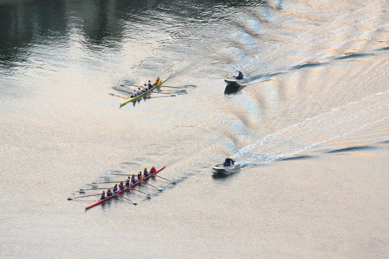 Two skiffs of rowers at an early morning training with patrolling boats on the Nerang River in Surfers Paradise, Australia. Two skiffs of rowers at an early morning training with patrolling boats on the Nerang River in Surfers Paradise, Australia