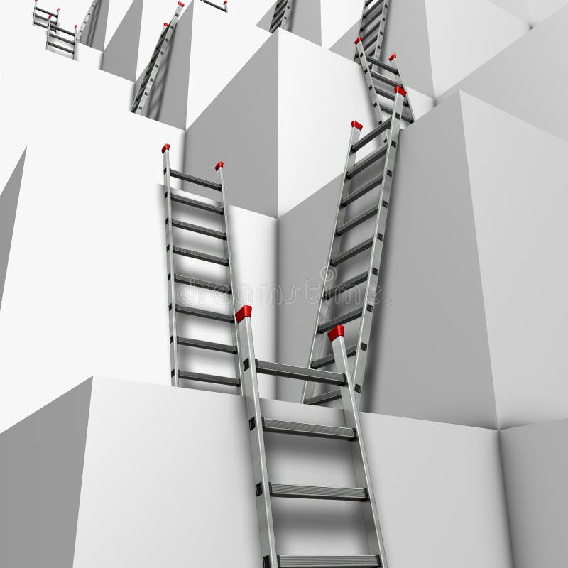 Illustration of a group of white blocks with a lot of ladders against their walls. Illustration of a group of white blocks with a lot of ladders against their walls