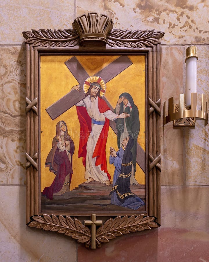 Pictured is the eighth of the Fourteen Stations of the Cross located on the walls of the inside of Christ the King Catholic Church in Dallas, Texas.  In the eighth station Jesus meets the women of Jerusalem.  The Fourteen Stations of the Cross were designed and executed by Leo Cartwright of Carmel, California.  Christ the King Church opened in a wooden building in 1941 and the current new building was completed in 1955. Pictured is the eighth of the Fourteen Stations of the Cross located on the walls of the inside of Christ the King Catholic Church in Dallas, Texas.  In the eighth station Jesus meets the women of Jerusalem.  The Fourteen Stations of the Cross were designed and executed by Leo Cartwright of Carmel, California.  Christ the King Church opened in a wooden building in 1941 and the current new building was completed in 1955.