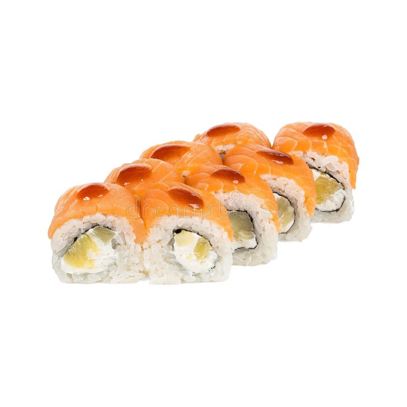 Вот вам и ряд вкусных суши-роллов на белом фоне стоковое изображение rf