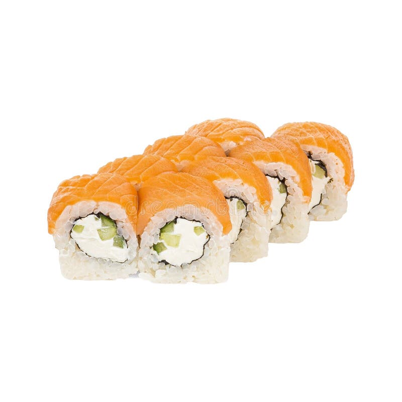 Вот вам и ряд вкусных суши-роллов на белом фоне стоковое изображение