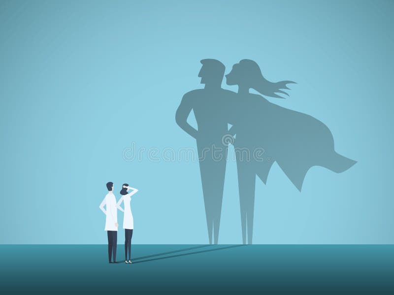 Врачи, с которыми superhero тень на стене.. Герои медсестер персонала госпиталя борются с эпидемией пандемическую коронавирус. иллюстрация вектора