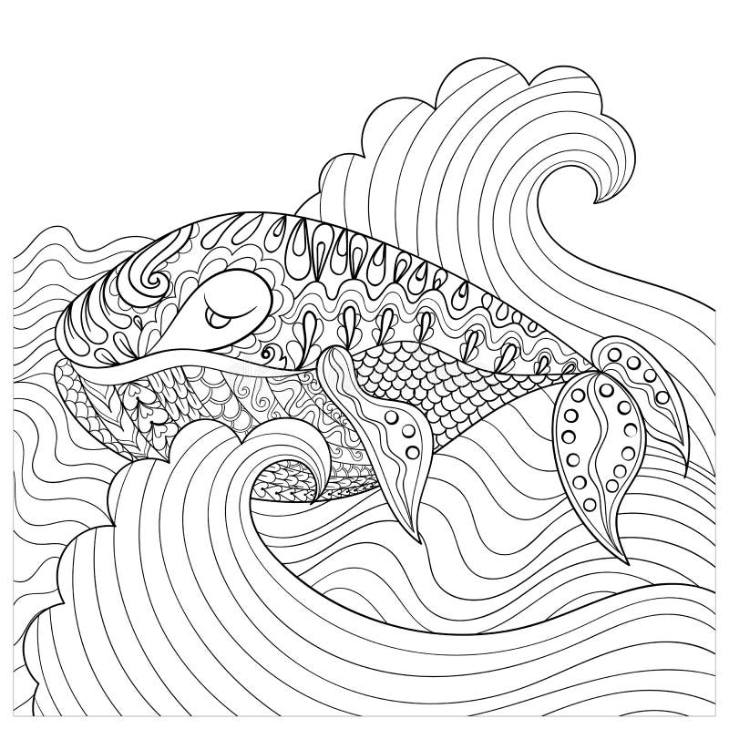 Hand drawn whale in the waves for antistress Coloring Page with high details on white background, illustration in zentangle style. Vector monochrome sketch. Sea collection. Hand drawn whale in the waves for antistress Coloring Page with high details on white background, illustration in zentangle style. Vector monochrome sketch. Sea collection.